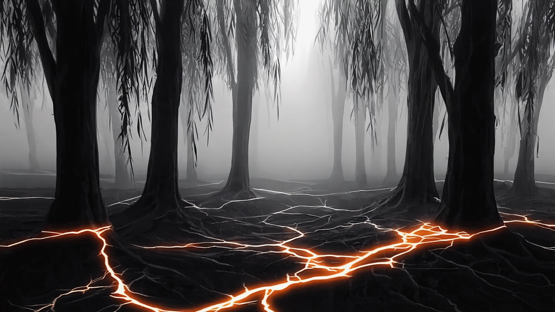 Dark willow forest with glowing roots